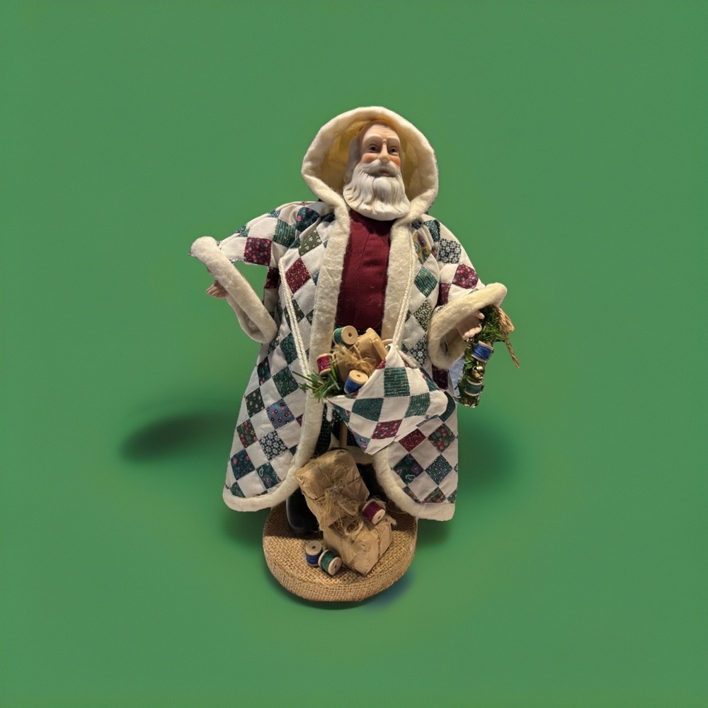 Santa vintage Quilt Jacket with wreath and sack filled with packages and thread